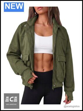 Women's Lightweight Polyester Zip Up Bomber Jacket with Thumb Holes